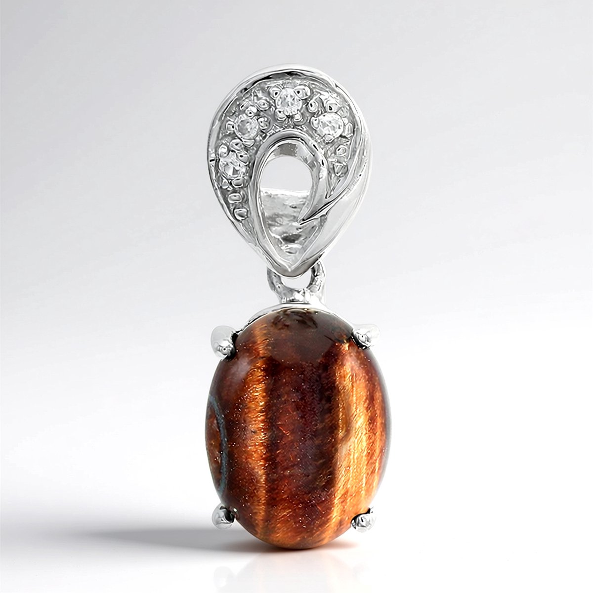 Cavill - Zilveren Hanger 925 Sterling Zilver - Rode Tijgeroog Ovaal Cabochon 2,76 ct - Zirkonia Pavé 0,039 ct - Elegante Roodtint Sieraad