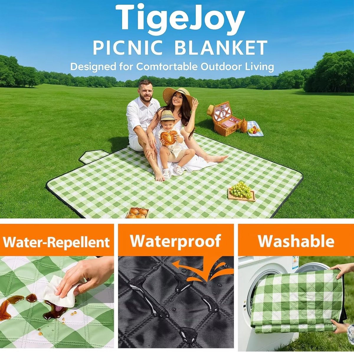 Fuegobird- Picknickdeken-200 x 200 cm-Stranddeken- Opvouwbare campingdeken- Waterdicht- Zanddichte picknickmat- Draagbare tuin-strandmat- Machinewasbaar- voor kamperen- Tuin- Park- Strand-geschikt voor kinderen's kruipdeken (Green) — cadeau in Sport & Outdoor - foto 4