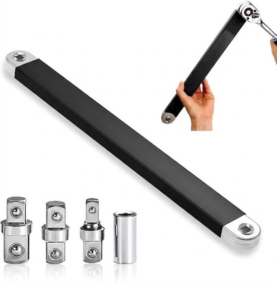 Pro Offset-verlengsleutel – Multifunctionele ratel-vlakke sleutel, inklapbare dopsleutelverlenging, verlengsleutel met 1/2", 1/4" en 3/8" aandrijfadapters, Zwart