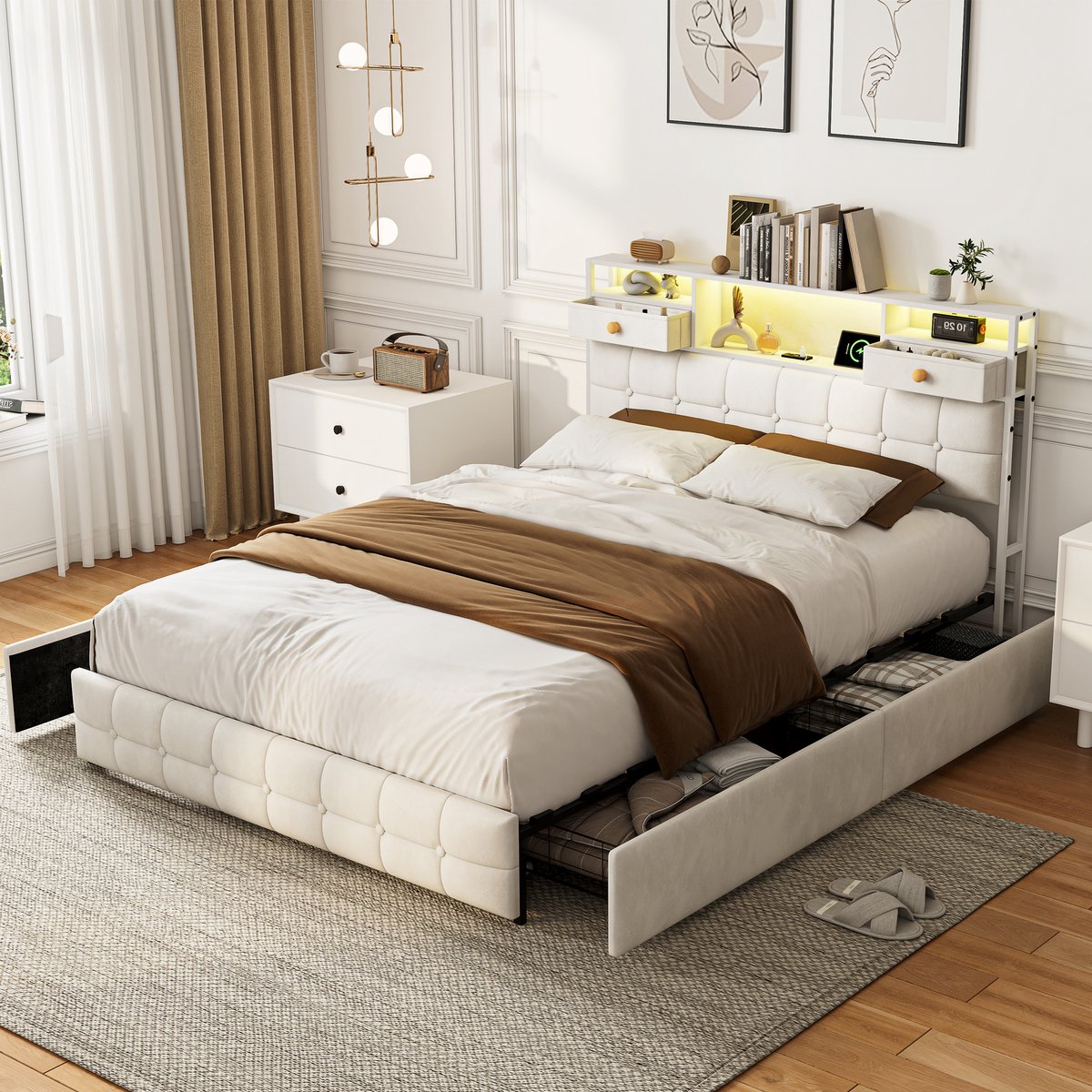 SHOPENTRA Opbergbed 140x200 cm beige fluweel met 4 lades, LED-verlichting en USB-oplaadpoort, gestoffeerd tweepersoonsbed