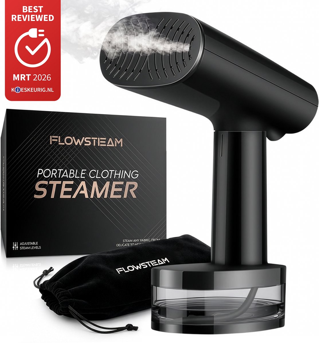 Bol.com FLOWSTEAM® Luxe Kledingstomer - Handstomer - Stoomreiniger - Stoomapparaat Kleding - Matte Black Edition aanbieding