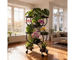 unho Plantenstandaard op Wielen - 9 Lagen - Hartvormig Bloemenrek - Metaal - Zwart - 124cm Hoog - Voor Binnen & Buiten