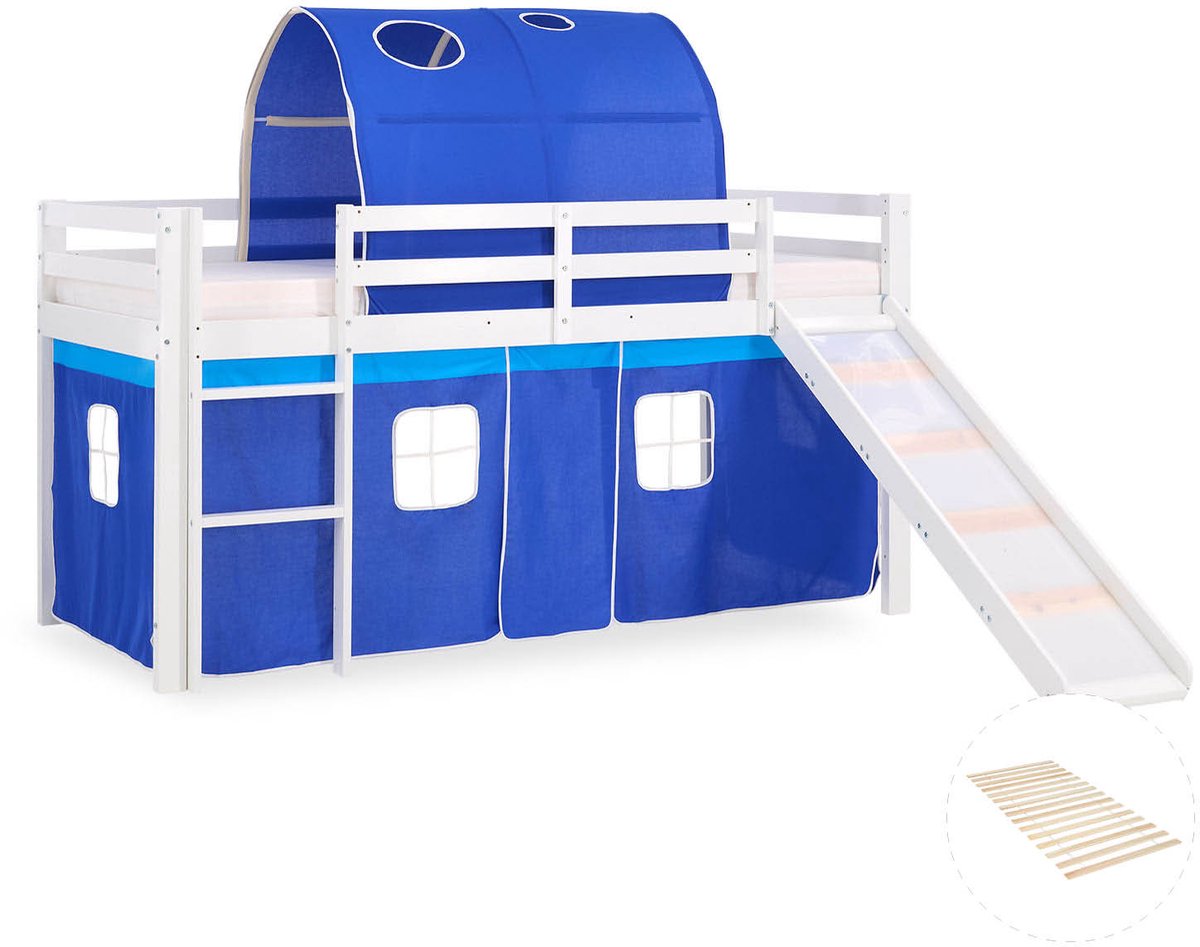 Homestyle4u Hoogslaper - 90x200 cm - wit - blauw - met lattenbodem