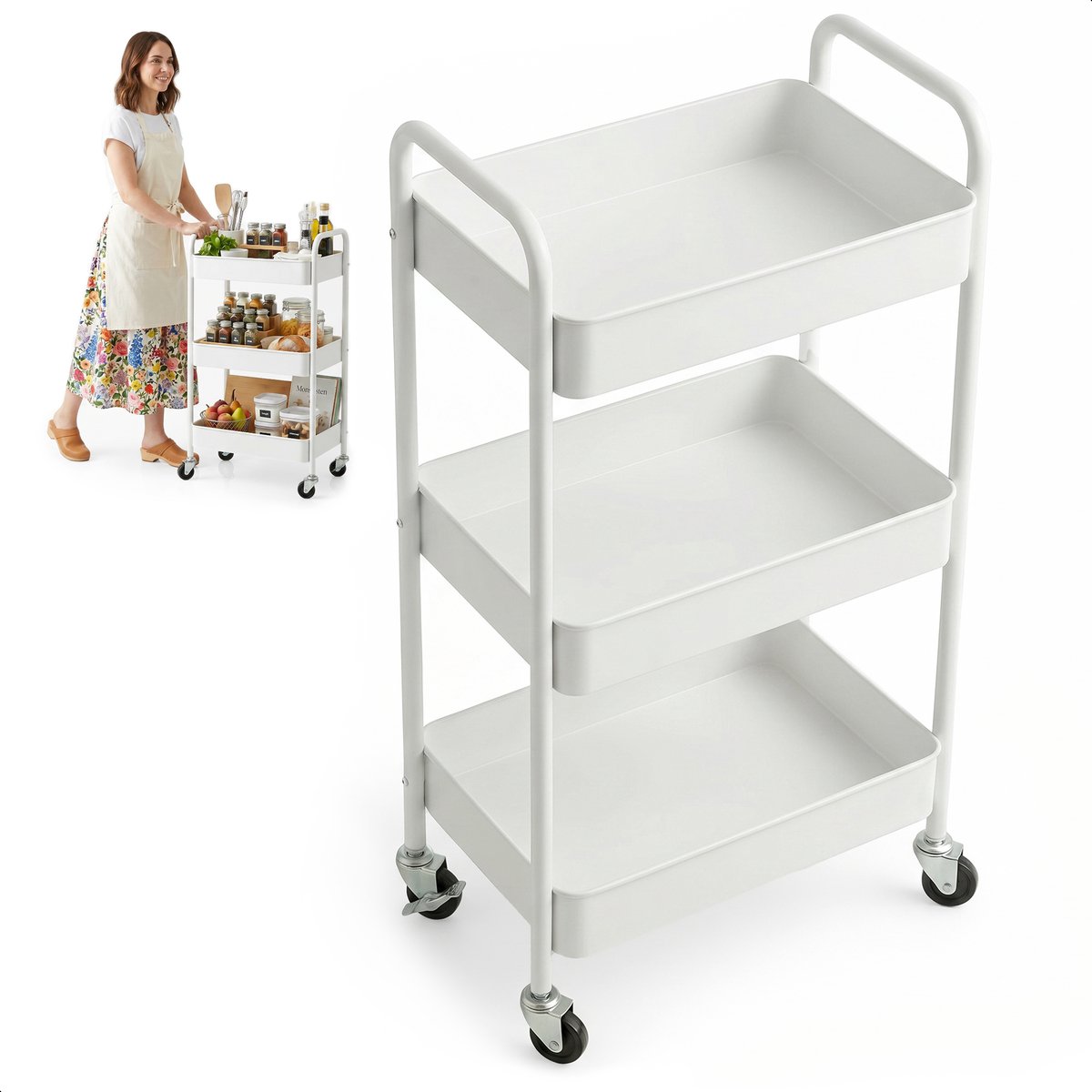Keuken trolley op Wieltjes - 3 laags - Keukenrek - Serveerwagen - Kastje - Karretje - Opberg - Douche kastjes staand - Rekje - Wit - Luft