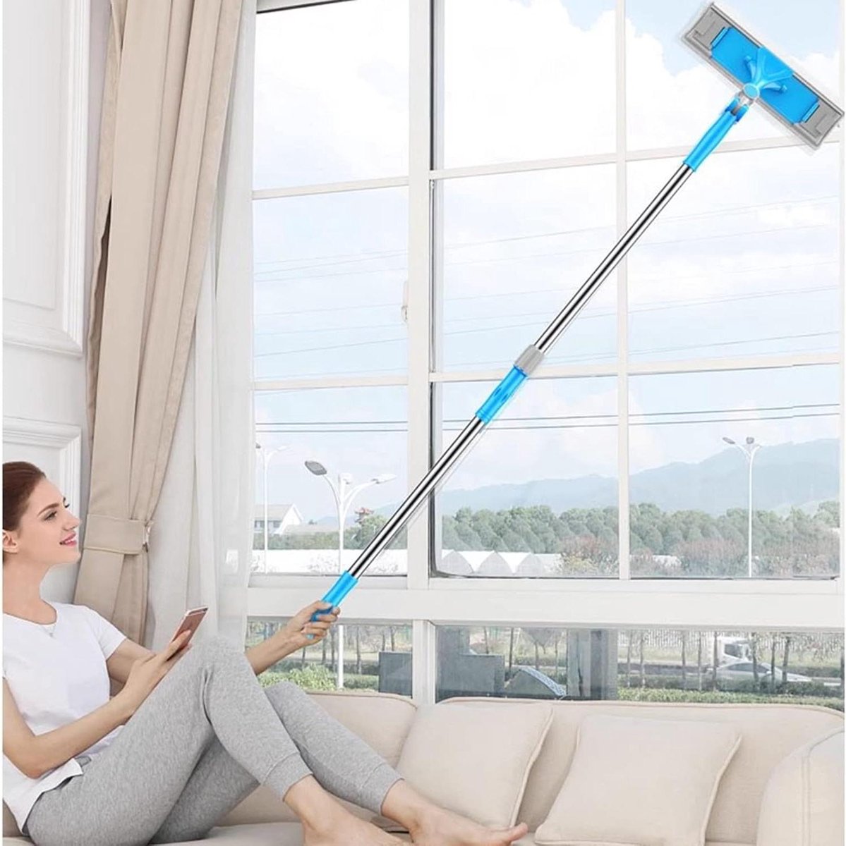 Raamreinigingsset - Raamtrekker Schoonmaker - Ramen Zemen - Telescopische Verlengstok - 150 cm - Zilver