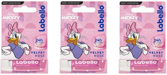 Drie stuks Labello Disney Mickey & Friends lippenbalsem Velvet Rosé, met Daisy Duck, 24u hydratatie.