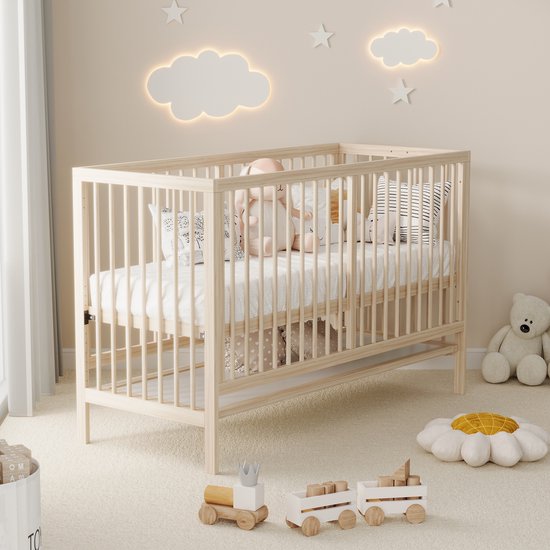 Babybed ROLIPO - massief houten ledikant, in hoogte verstelbaar, ombouwbaar tot aanschuifbed en bankje, afneembare zijkant, zonder matras, naturel - 126x64x90 cm