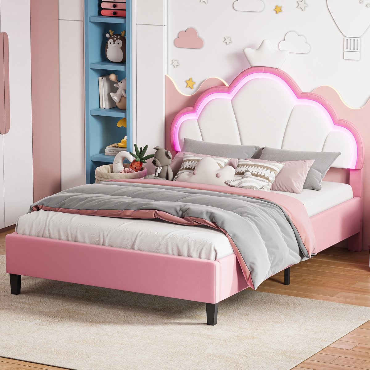 ROSAHQNDA Gestoffeerd bed 140x190cm, LED kinderbed met verstelbaar hoofdeinde, roze prinsessenbed, tienerbed, fluweel, zonder matras