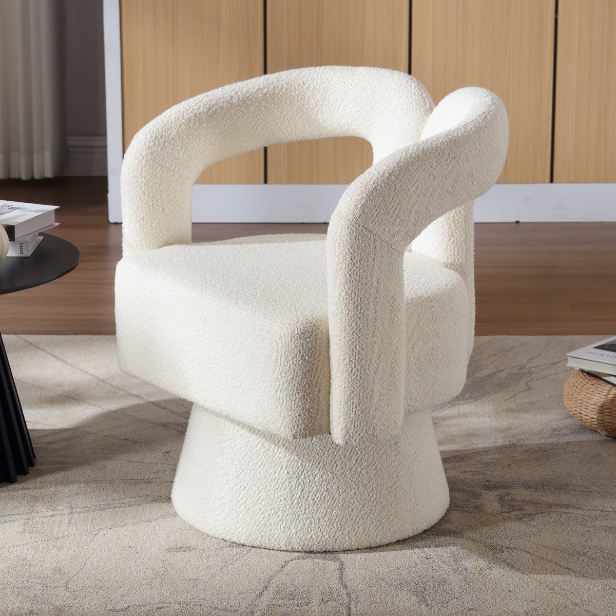 Accenture 360 graden draaibare fauteuil, ronde fauteuil met brede vulling, zachte stoffen fauteuil voor woonkamer, slaapkamer, kantoor, wachtruimtes, beige