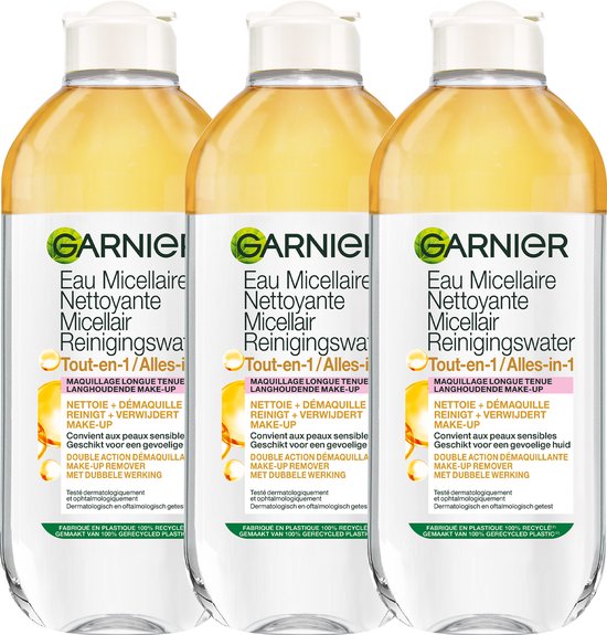 Garnier SkinActive Micellair Reinigingswater voor Langhoudende en Waterproof Make-up - 3 x 400 ml - Micelair Water Voordeelverpakking