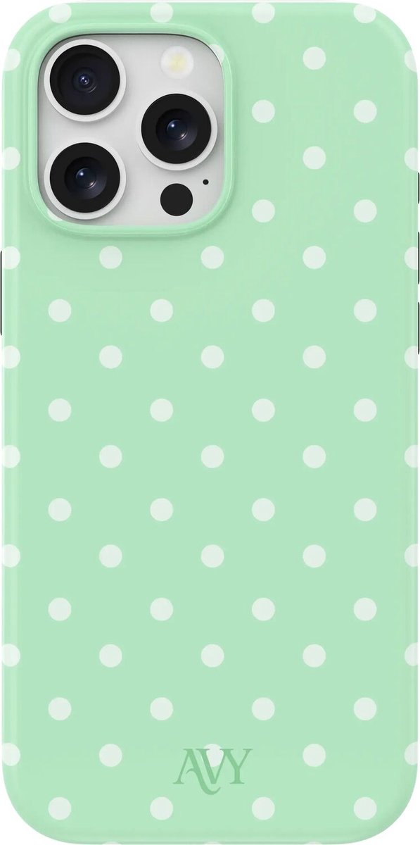 AVY Hoesje geschikt voor Apple iPhone 14 Pro | Mint Breeze | Polka Dots | Matcha & Wit | Hard Shell Back Cover | Compatibel met MagSafe & Qi2