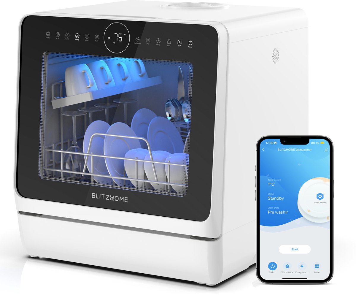 BLITZHOME Vaatwasser BH-4-CDW – compacte tafelmodel, 5L, 8 programma’s, 360° sproeiarmen, hete-lucht droging, app-besturing, kinderslot, EU-stekker