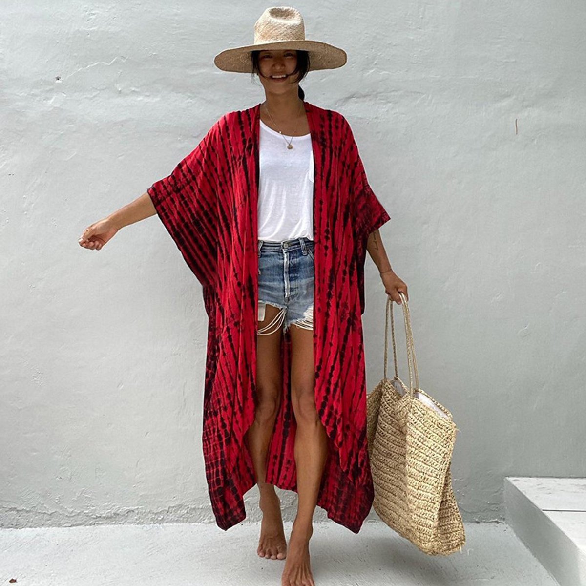 Killogood Tie-dye vest Strandjurkje - Bikini cover up - Zonwerende kleding - vakantiejurk - Openvallend lang model - Voor strand - vakantie - One Size - Rood
