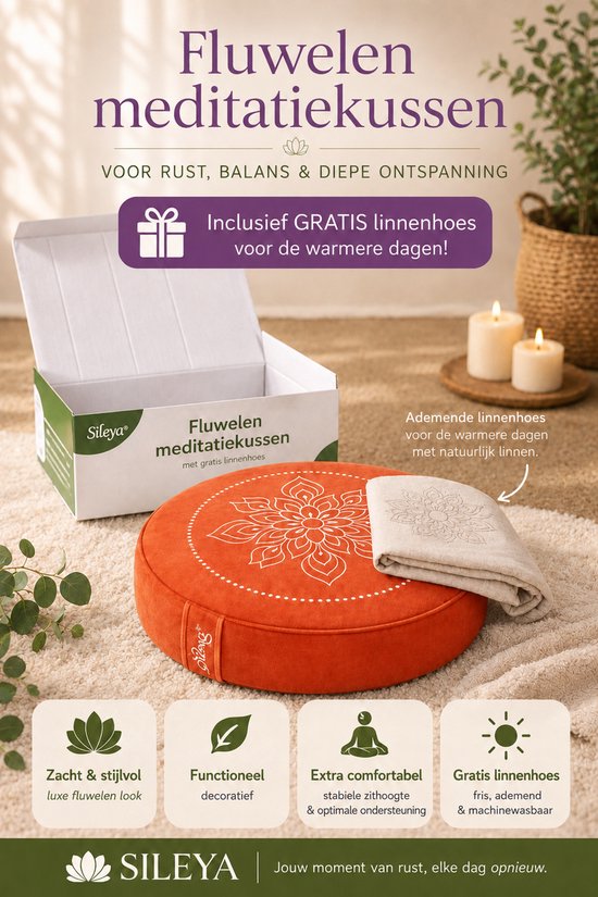 Oranje meditatiekussen met wit mandala-motief en gratis linnenhoes, "Ademende linnenhoes voor de warmere dagen".