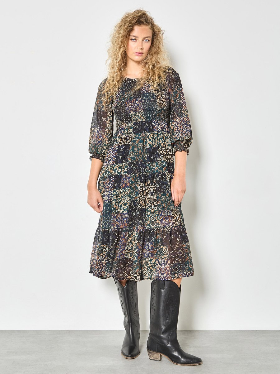 Ikat patchwork gesmokte chiffon midi-jurk