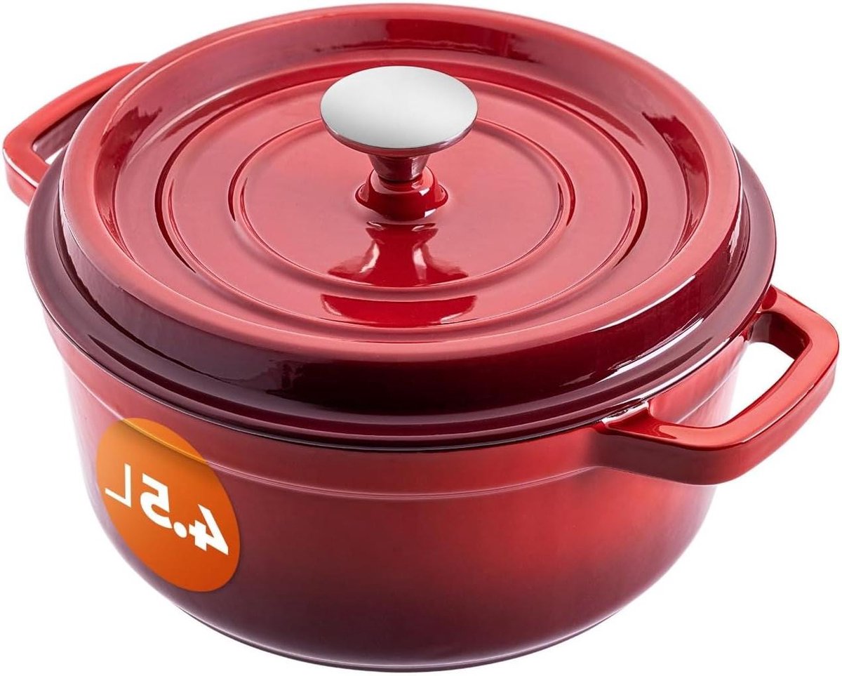 Gietijzeren pan - Stoofpan braadpan - Langzaam garen - Aromabehoudend deksel - 45 liter - Rood