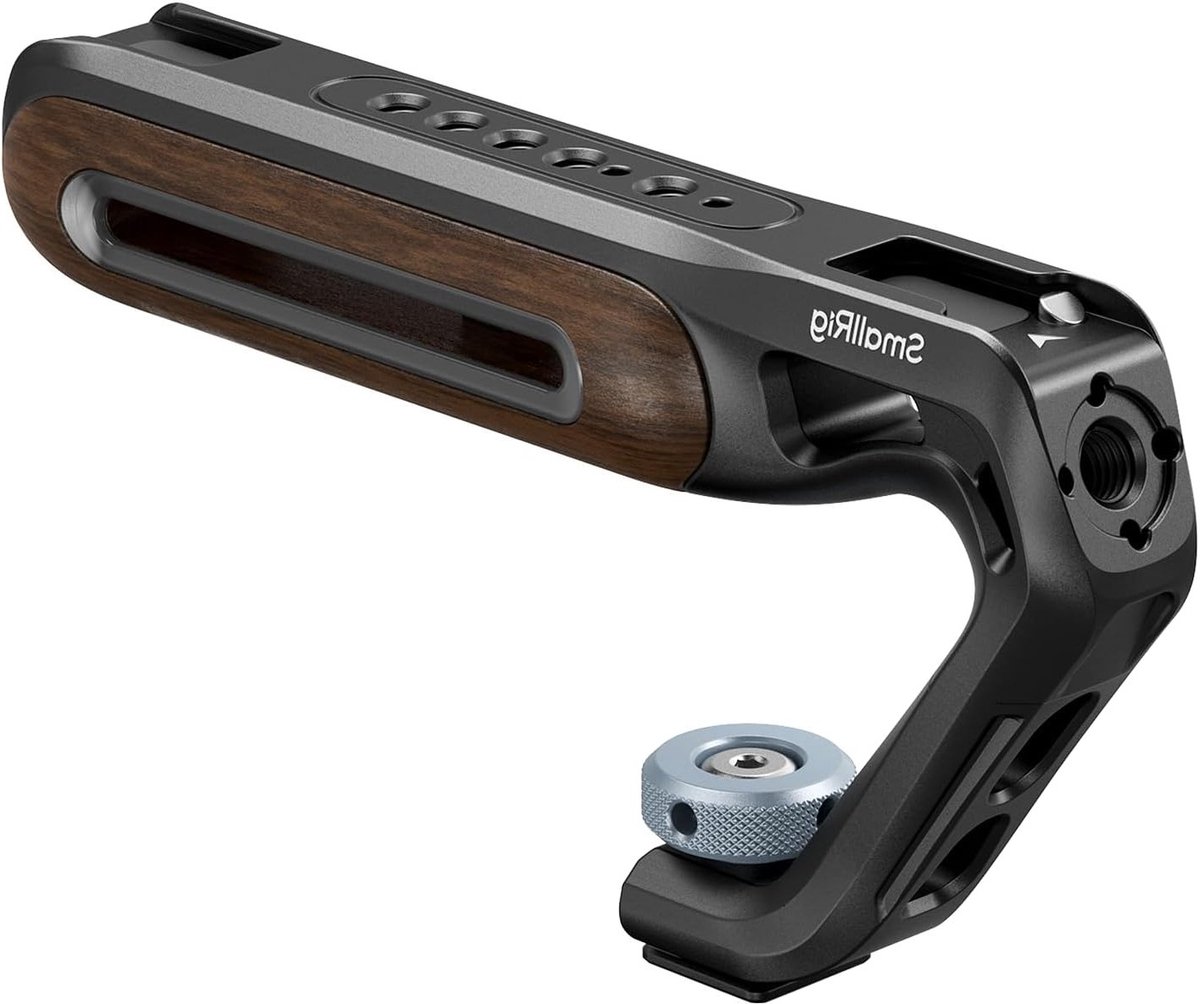 Lichtgewicht houten handgreep met cold shoe mount voor cameracage, tot 10kg draagvermogen, 3/8"-16 en 1/4"-20 schroefgaten