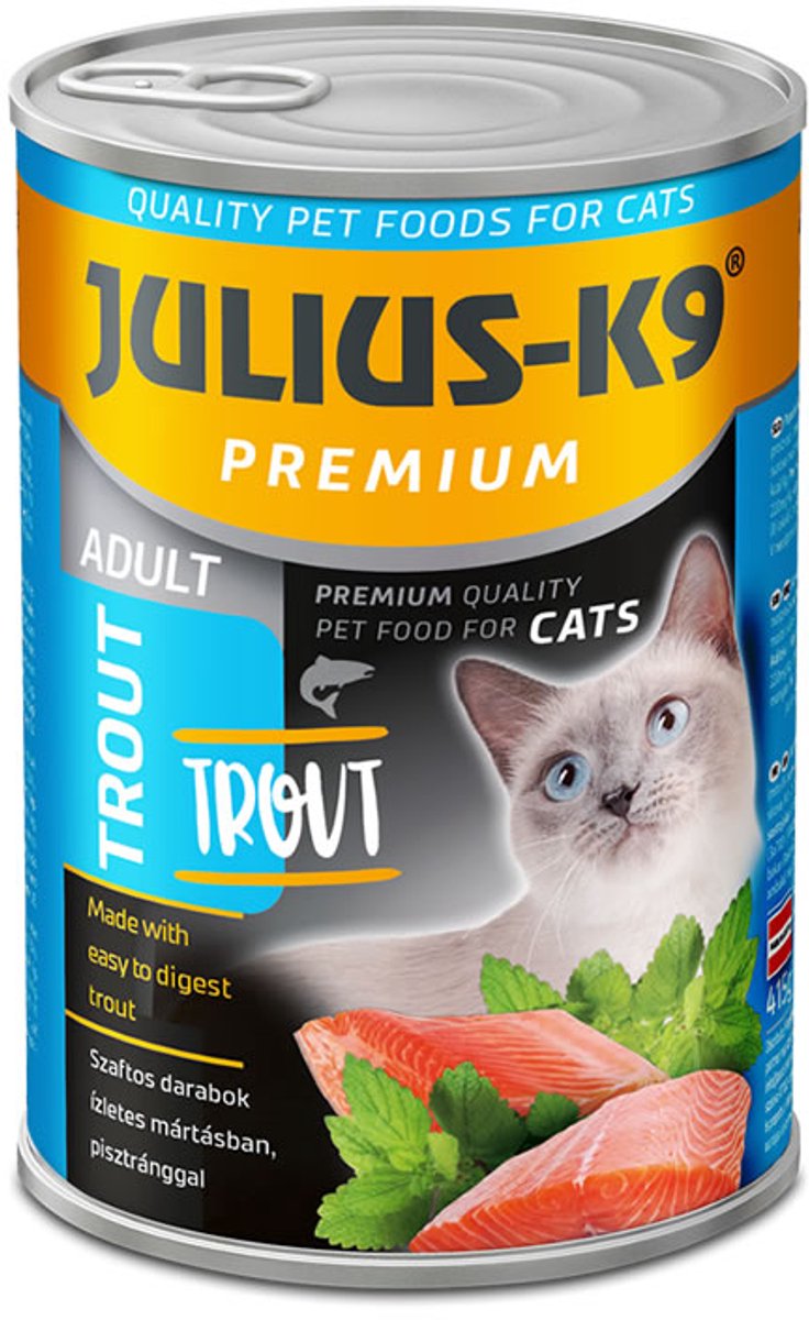 Julius K9 Julius-K9 - Natvoer kat - Kttenvoer blikvoer volwassen katten – Katten natvoer met stukjes vlees in saus - Forel smaak - 10 x 415g