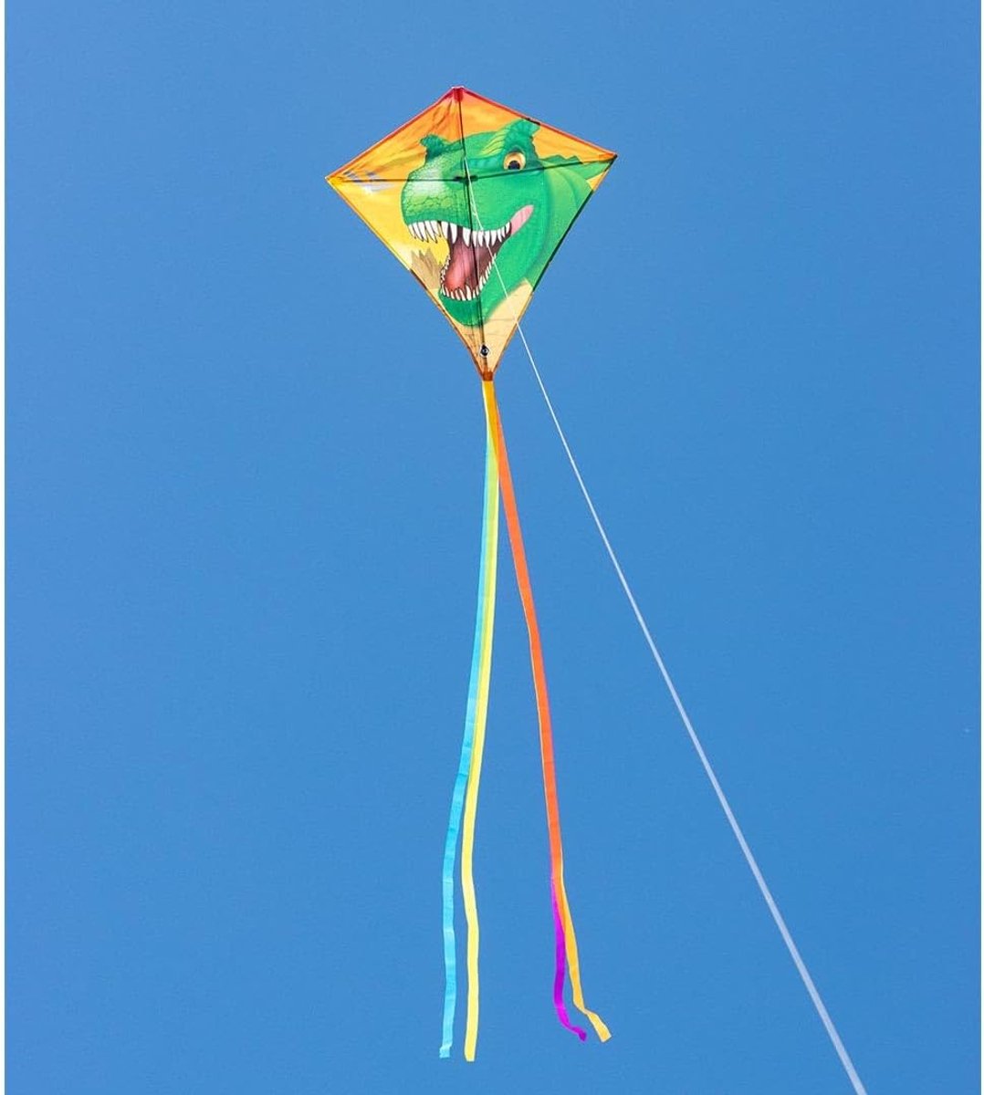 Kindervlieger Diamant - Vlieger T-Rex - Vliegeren Buiten - Levens echt T-Rex - 68 x 68 cm - Groen Geel
