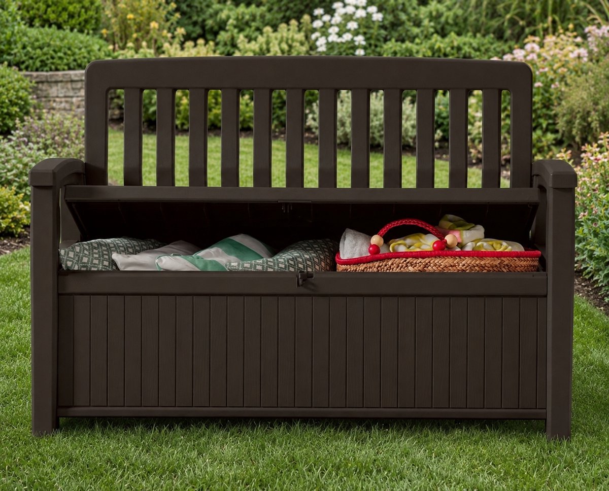 Premium Tuinbank met Opbergruimte 132,7 cm – Weerbestendige 2-Persoons Opbergbank in Houtlook Graffiet – Duurzame Kunststof Buitenbank met Ventilatie en Metalen Slotbevestiging Industrohome