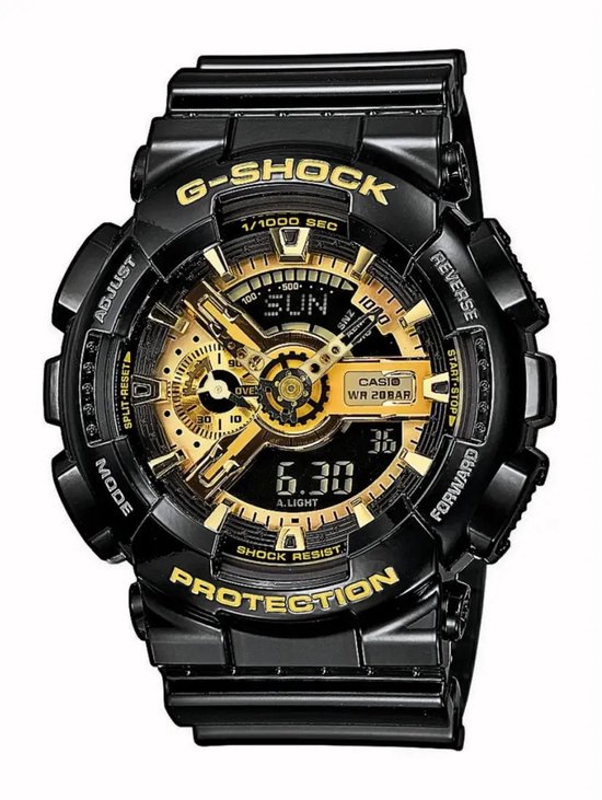 Zwarte G-Shock horloge met gouden wijzerplaat en gouden letters. Datum en tijd zichtbaar.