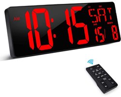 Digitale LED Wandklok Met Afstandsbediening - 40.6 CM 16.5 Inch Groot Display - Wekker Met Instelbare Helderheid - Tijd Datum En Temperatuur Weergave