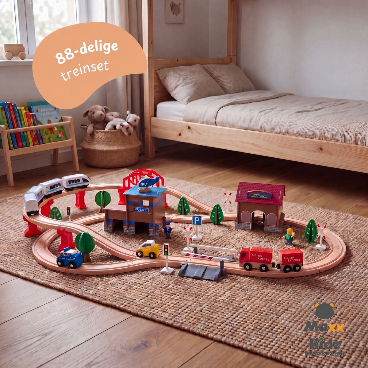 Maxx Kidz Houten Treinset 88 delig - Treinbaan voor Kinderen vanaf 3 Jaar - Compleet met 2 Treinen en Accessoires - Houten Treinbaan Speelgoed voor Jongens en Meisjes - 450cm Lange Baan