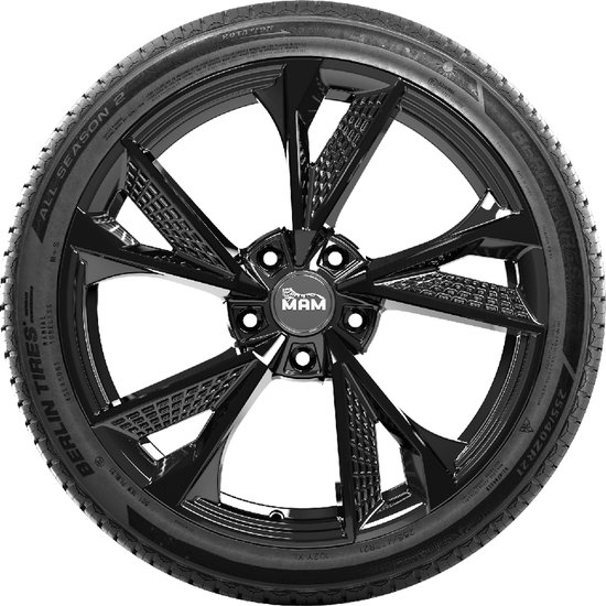 Zwarte velg met 6 gestileerde spaken met textuur, met een Berlin Tires All Season 2 band.