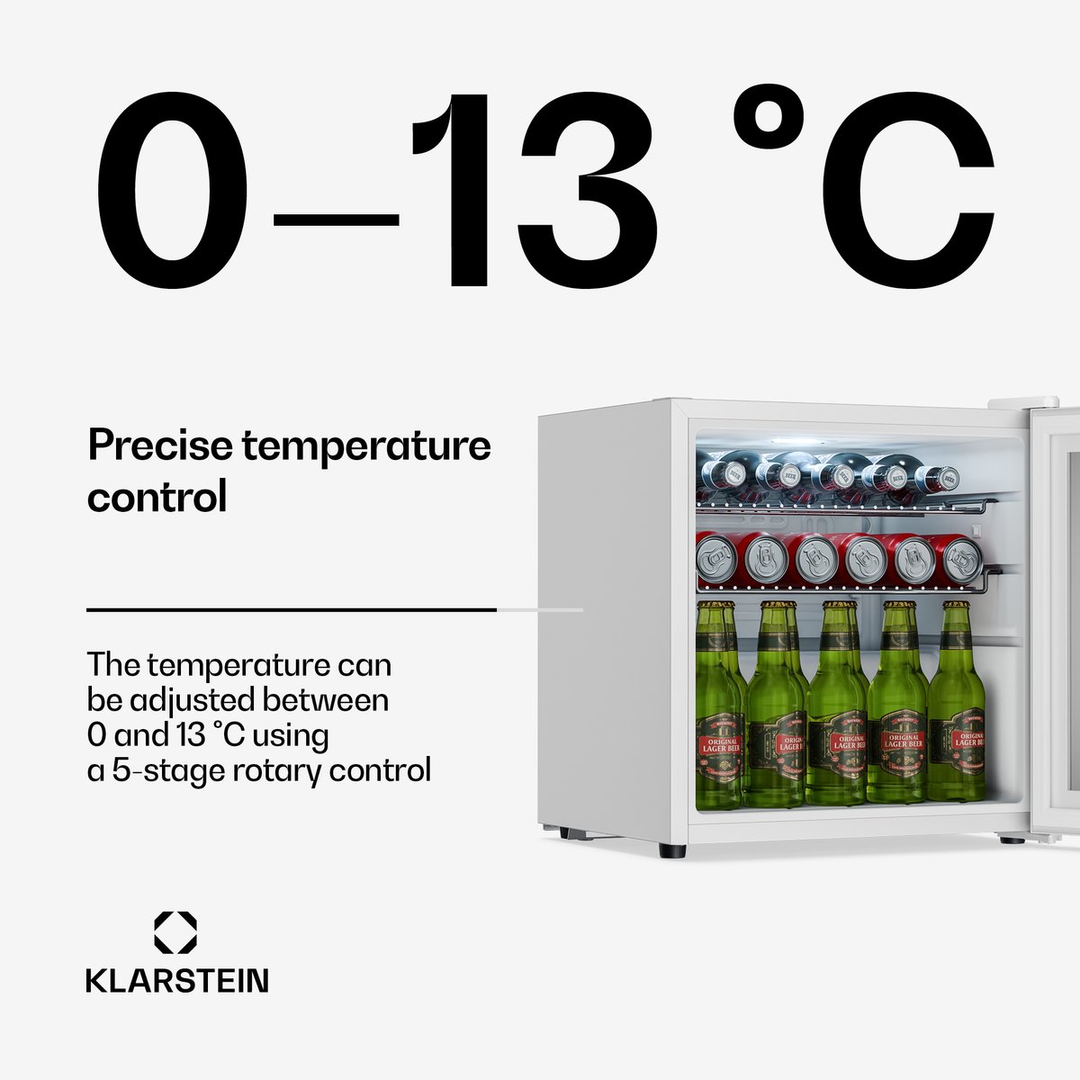 Klarstein drankkoelkast met glazen deur - 47 liter mini-drankkoelkast, dubbelwandige spiegeldeur, verstelbare planken, 0-13 °C, stil, voor onder het aanrecht Wit