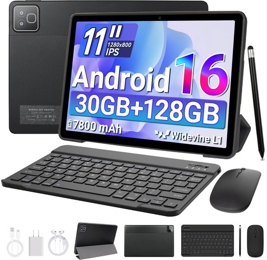 11 inch Tablet – 128GB opslag – 7800 mAh batterij – Android 16 – WiFi 6 – Tablet met Toetsenbord, Muis & Pen, Hoesje - Zwart