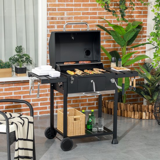 Houtskoolbarbecue - Grillwagen - Tuinbarbecue - Twee roosters - Inklapbare zijtafels - Opbergplank - Handvat - Buiten koken - 120x64x114cm - Zwart van Merkloos — afbeelding 2