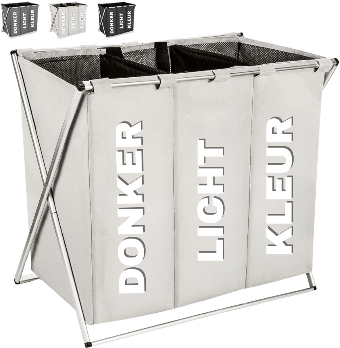 Fabono-Opvouwbare Wasmand met 3 Vakken 100L – Grote Wassorteerder met Handgrepen – Wasverzamelaar voor Donkere, Witte & Gekleurde Was – Beige Wasmand voor Badkamer en Wasruimte
