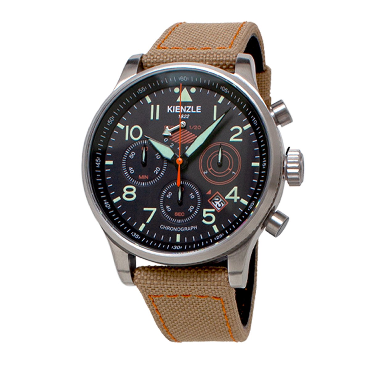 KIENZLE Horloge - Reisen - Quarz Chrono KC408C - Wijzerplaat Zwart - Sportief Elegante Beige Polsband