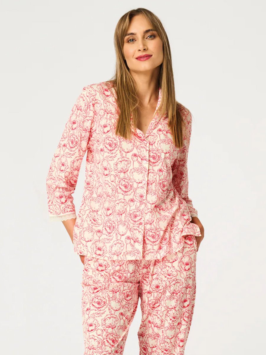 Key Katoenen Dames Pyjama Driekwart Mouw Zomer Bloemenprint Ecru Rood LNS 566 38 /