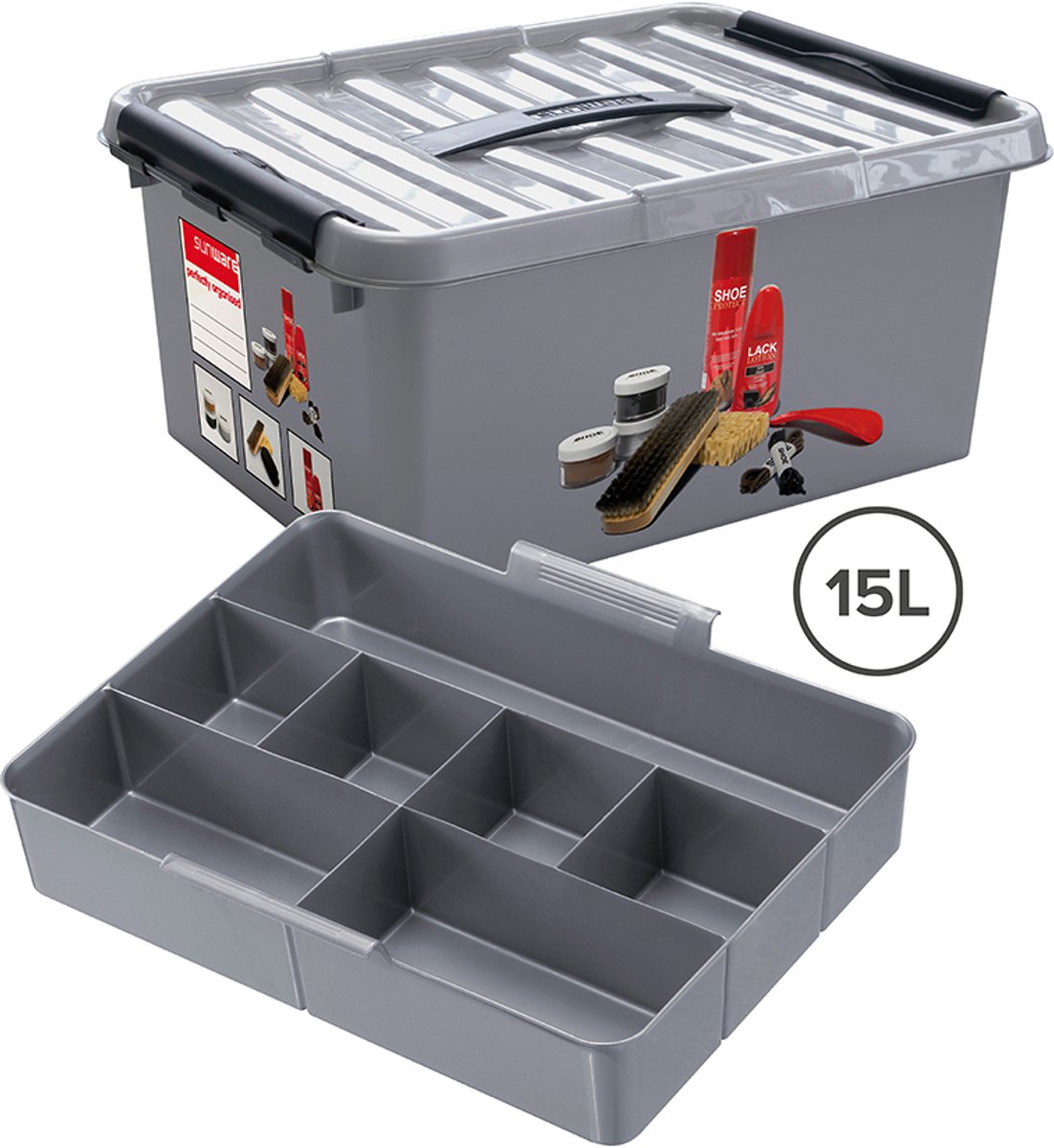 Sunware Q-line schoenpoetsdoos met inzet 15L - 40x30x18 cm - Metaal/Zwart