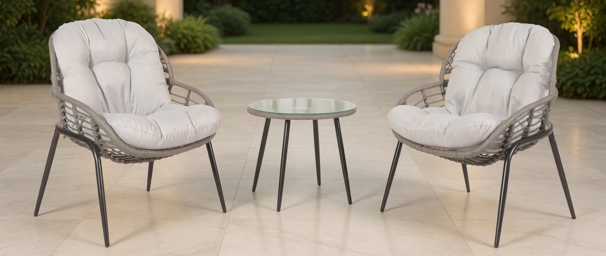 3-Delige Polyrotan Balkonset HWC-N33 Grijs met Lichtgrijze Kussens - 2 Tuinstoelen + Tafel met Glasplaat - Weerbestendige Balkongarnituur Tuinset Zitgroep voor Buiten - IndustroHome