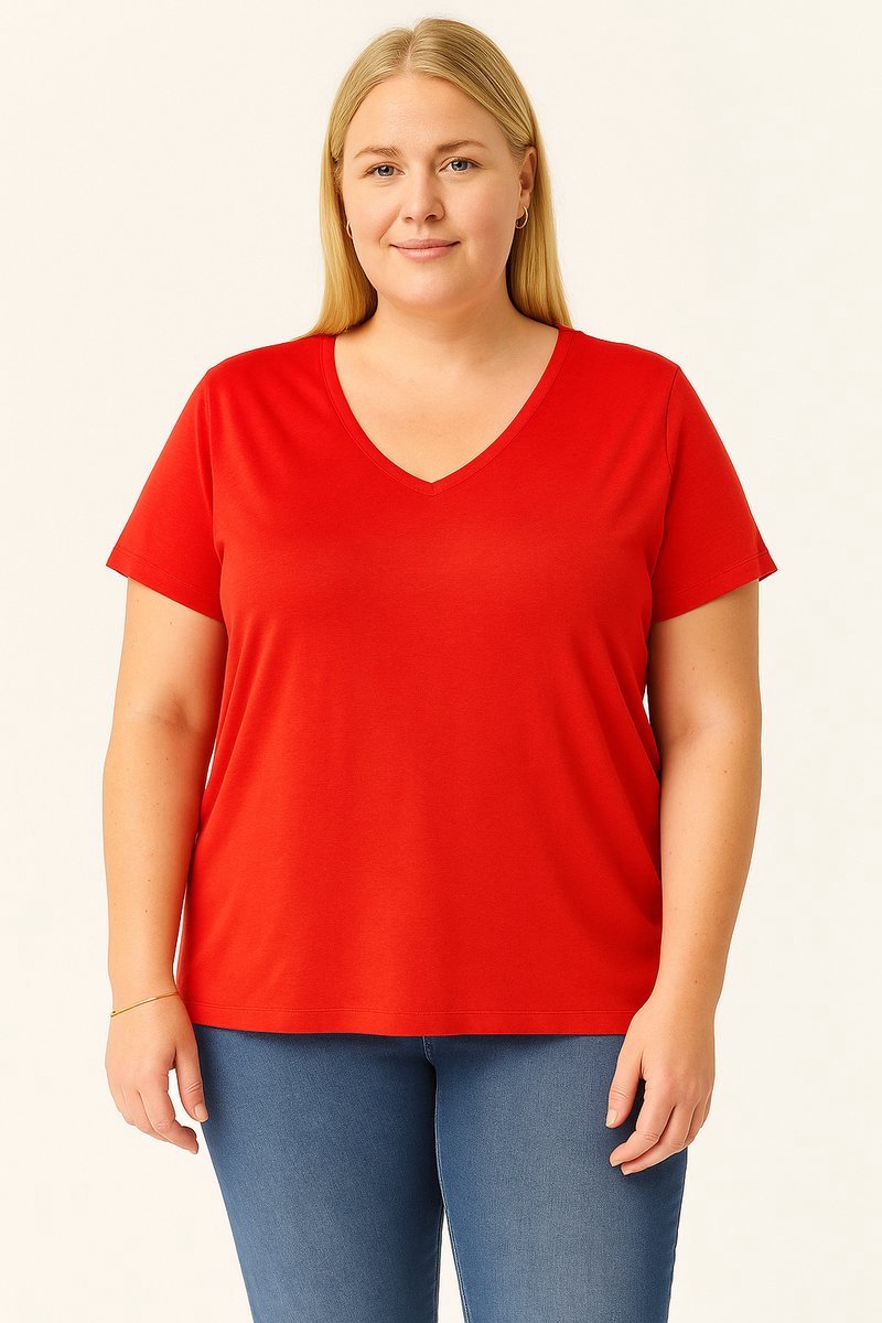 Dames V-Hals Basic Kortemouw T-Shirt Grote Maten Blouse Rood