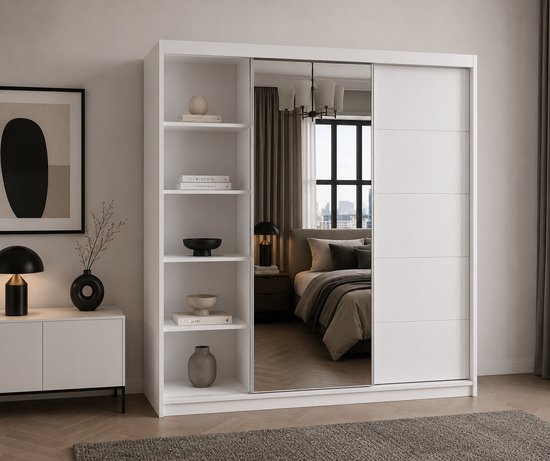 Armoire Posa 42 - Armoire 2 portes coulissantes avec miroir, 3 tiroirs et tringle à vêtements - Armoire pour chambre, hall et salon - Armoire moderne avec grand espace de rangement (Wit)