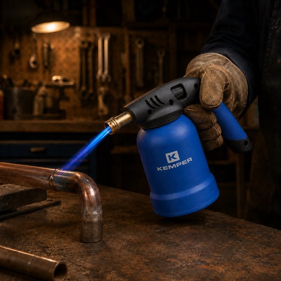 Blauwe Kemp-gasbrander met vlam op koperen buis in werkplaats.