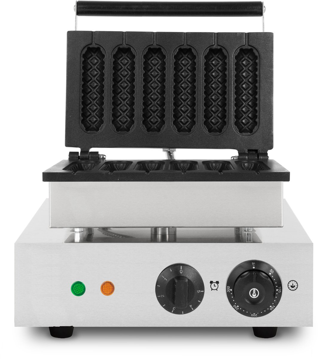 VERTES Wafelijzer op een stokje, 6 wafels tegelijk, 120 per uur, instelbare temperatuur van 0°-300°C, Teflon-gecoat gietijzeren wafelijzer met roestvrijstalen behuizing, 1550 watt, timerfunctie, hittebestendige handgreep