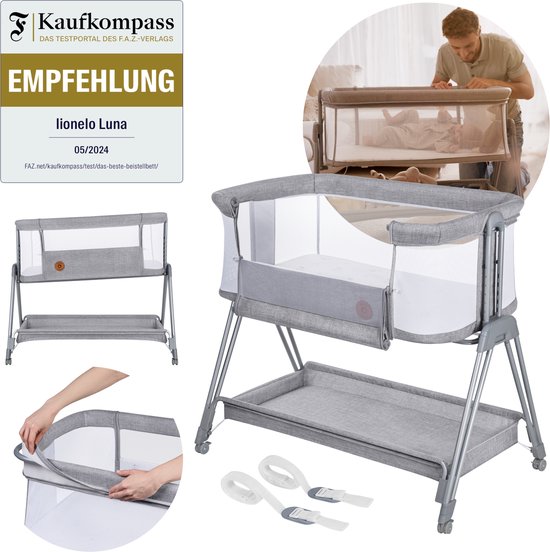 Lionelo Luna – 2-in-1 Babybedje & Co-Sleeper – Geboorte tot 9 kg – 7 Hoogtestanden – Kantelbaar Matras – Mesh Zijkanten – Wielen met Blokkade – Wasbare Hoes – Inclusief Opbergmand