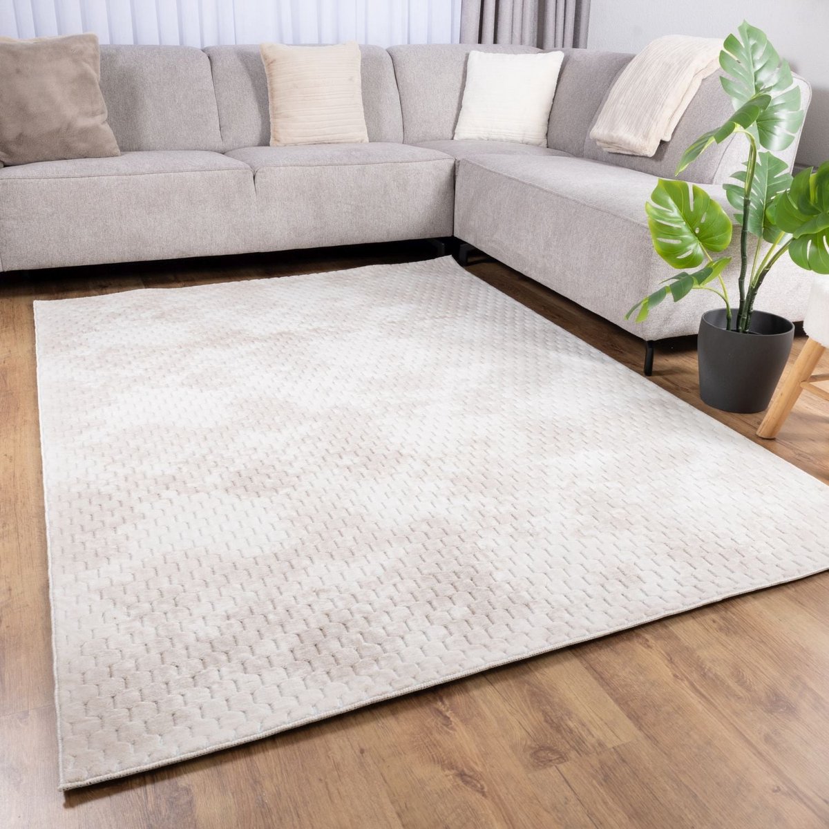 Crème Tapijt Wasbaar Laagpolig Vloerkleed met Anti Slip Koho Modula Wasbaar op 30° - 160x230cm- Modern - Woonkamer - Salon - Slaapkamer - Eetkamer