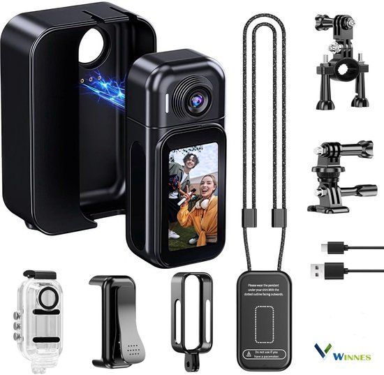Zwarte mini-camera met scherm, waterdichte behuizing, magnetische hanger, fietsmontage, clip en kabels.