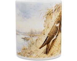 Mok oeverzwaluw bij nest aquarel illustratie - Vogelfamilie met kuikens in de rivieroever - Schattig natuurcadeau voor vogelliefhebber - Koffiemok voor kantoor of thuis
