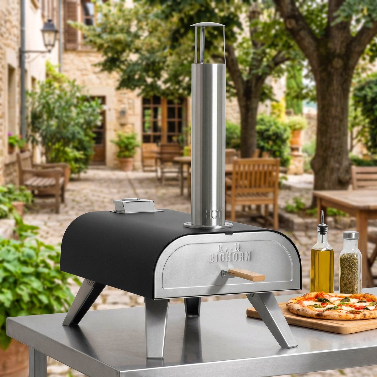 BIG HORN OUTDOORS Pizza Oven - Multi-Fuel Pellet & Gas Pizza Oven - Draagbare Outdoor Pizza Oven met Pizzasteen en Draagtas - Houtgestookt & Propaan Gas - Zwart - 12 Inch – foto 8