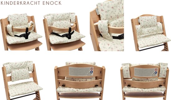 Zes afbeeldingen van een Kinderkraft Enock stoel met zitverkleiner met bloemenpatroon.