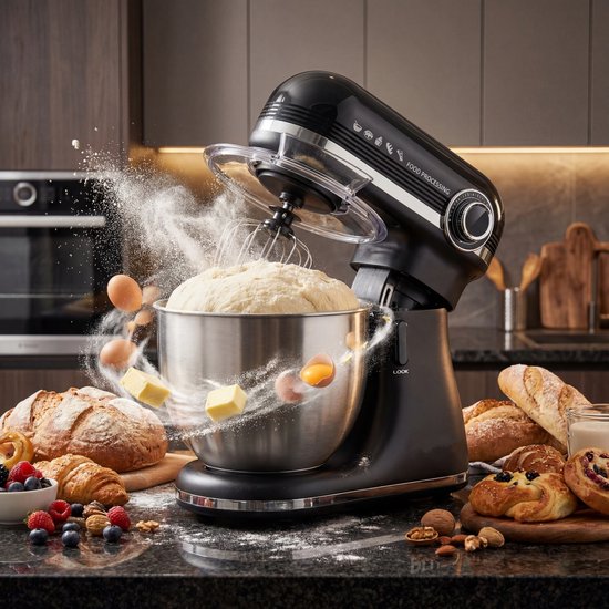 Swiss Haus® KM2307 Keukenmachine 1500W - 7.0L Keukenrobot - RVS Mengkom met Handgreep - 12 Snelheden - Multifunctionele Keukenmixer met Accessoires - Zwart van Merkloos — afbeelding 2