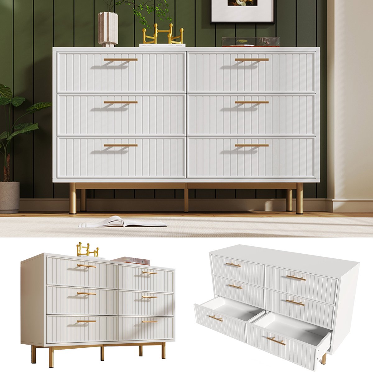 Commode met 6 lades, wit dressoir/hoge kast voor slaapkamers en alle woonruimtes, wit - H75/B120/D40 cm