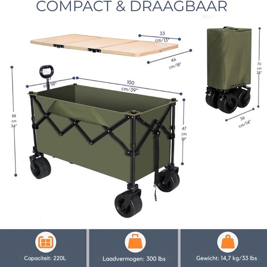 Opvouwbare Bolderkar Met All Terrain Wielen - 220L Tuin En Strand Trolley - Heavy Duty Transportwagen Met Grote Opbergtas - Inklapbare Tafel En 2 Bekerhouders van Opvouwbare Bolderkar — afbeelding 4