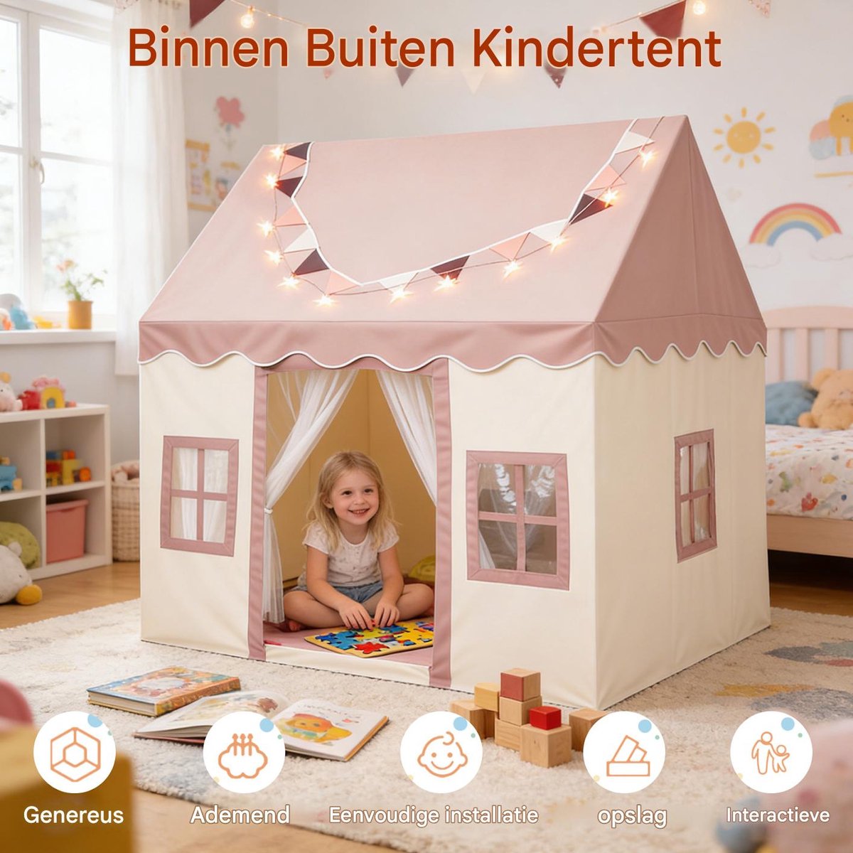 Lemlit Speeltent voor Kinderen - Kindertent met Mat Verlichting en Muggennet - Prinsessentent en Speelhuisje voor Binnen en Buiten - 120x100x130 cm - Roze — afbeelding 7